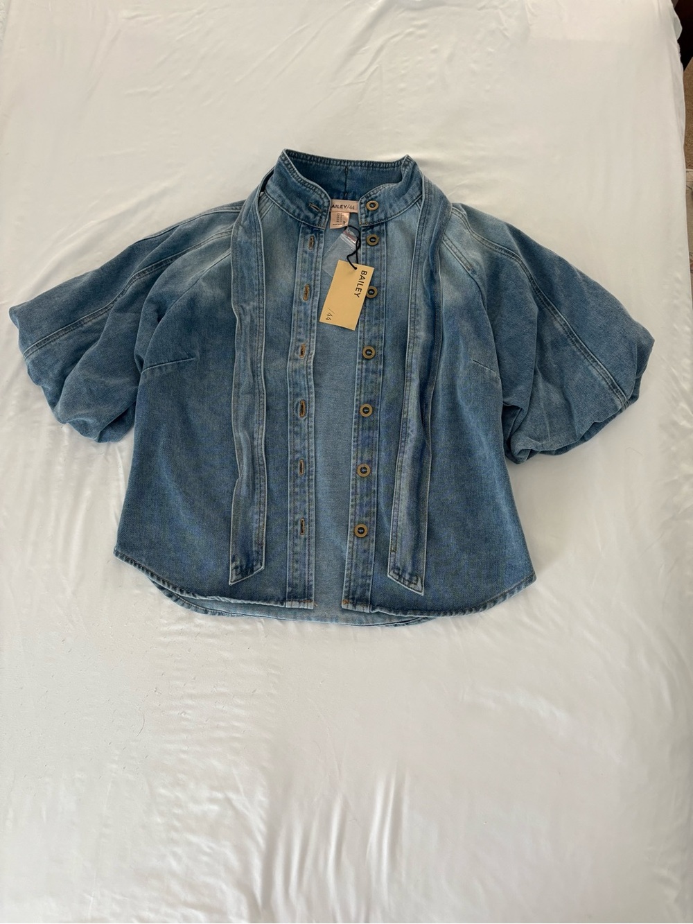 NWT Bailey44 Tie-Neck Puff Sleeve Denim Button-Down Shirt. Zimmerman Inspired. - Picture 6 of 13